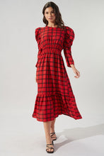 Black-Red Hampshire Plaid Drape Sleeve Cutout Midi Dress