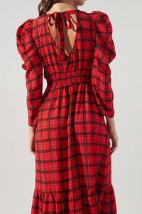 Black-Red Hampshire Plaid Drape Sleeve Cutout Midi Dress