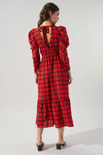 Black-Red Hampshire Plaid Drape Sleeve Cutout Midi Dress