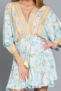 Dolman Sleeve Tie Front Waisted Border Print Dress