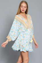 Dolman Sleeve Tie Front Waisted Border Print Dress