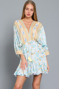 Dolman Sleeve Tie Front Waisted Border Print Dress