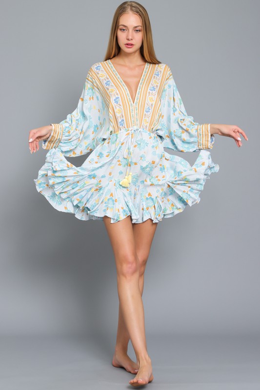 Dolman Sleeve Tie Front Waisted Border Print Dress
