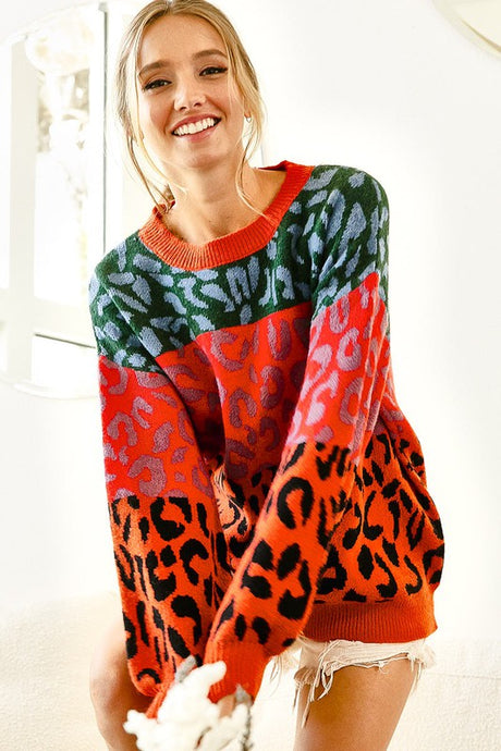 Hunter/Coral/Rust Leopard Print Color Block Sweater Top