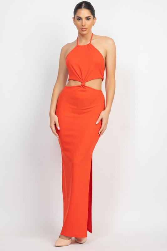 Coral Halter Neck Knot Cut-Out Maxi Dress