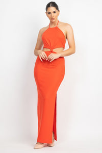 Coral Halter Neck Knot Cut-Out Maxi Dress