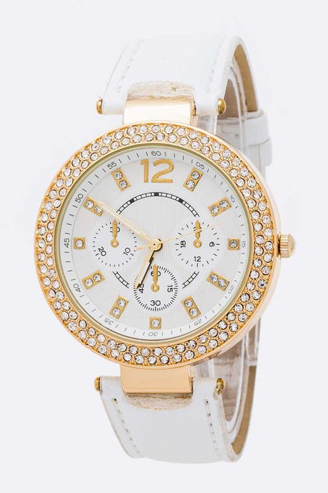 White/Gold Crystal Bezel Fashion Watch Bracelet Set