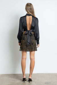 Black/Gold Fringe Tassel Mini Skirt Embellished With Hotfix Rhinestones