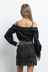 Black/Ab Fringe Tassel Mini Skirt Embellished With Hotfix Rhinestones