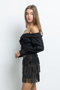Black/Ab Fringe Tassel Mini Skirt Embellished With Hotfix Rhinestones