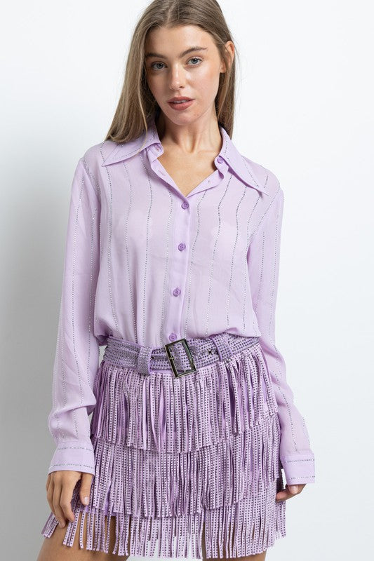 Light Purple Fringe Tassel Mini Skirt Embellished With Hotfix Rhinestones