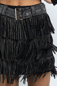 Black/Ab Fringe Tassel Mini Skirt Embellished With Hotfix Rhinestones