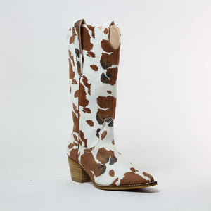 White Brown Cow Suede Arider Girl Block Western Cowboy Knee High Boots