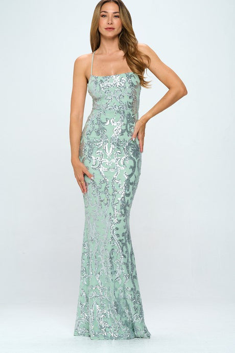 Sequin Lace Up Mermaid Maxi Dress