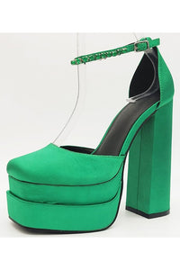Green Satin Fashion Evening Dress High Heels