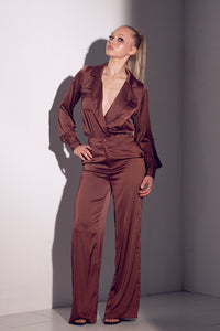 Chocolate Long Sleeve Satin Set