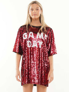 Red/White Cheetah Printed Art Work Sequin Gameday Dress