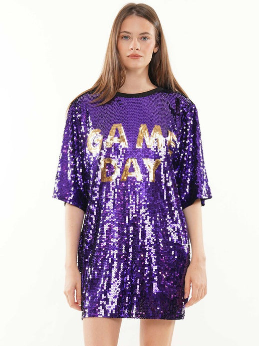 Purple/Gold Cheetah Printed Art Work Sequin Gameday Dress