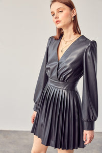 Black Faux Leather Pleated Mini Dress