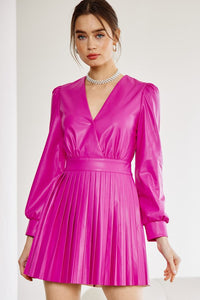 Fuchsia Faux Leather Pleated Mini Dress