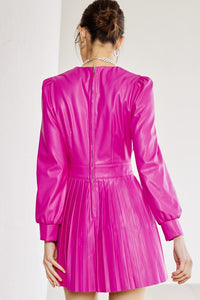 Fuchsia Faux Leather Pleated Mini Dress