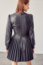 Black Faux Leather Pleated Mini Dress