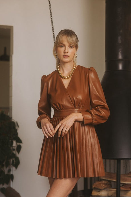 Caramel Café Faux Leather Pleated Mini Dress