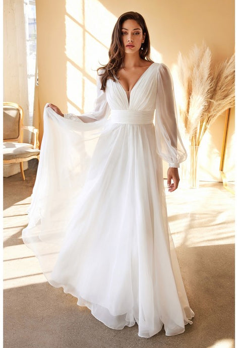 Off White Chiffon Long Sleeve Bridal Gown