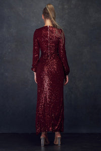 Burgundy Long Sleeve Sequin Stretch Sequin Dress