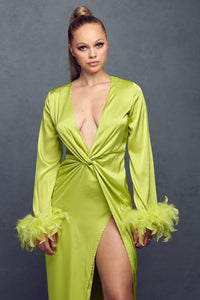 Avocado Long Sleeve Front Twist Satin Dress