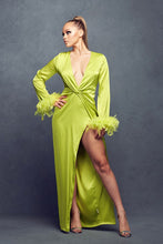 Avocado Long Sleeve Front Twist Satin Dress