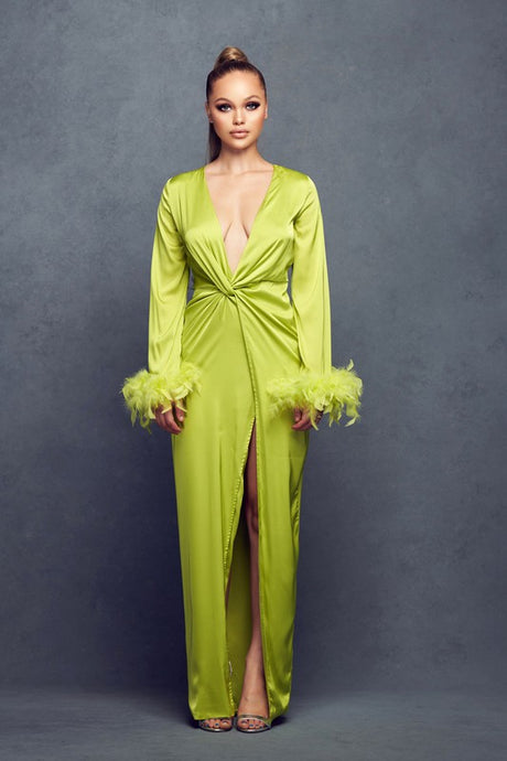 Avocado Long Sleeve Front Twist Satin Dress