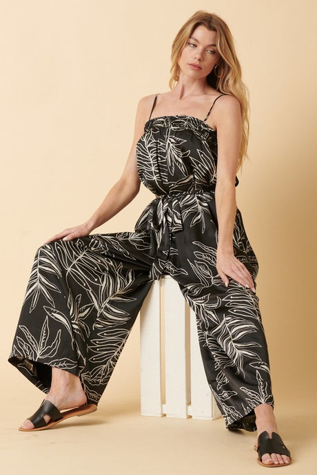 Black Leaf Print Smocking Detail Wide Leg Jumpsuit