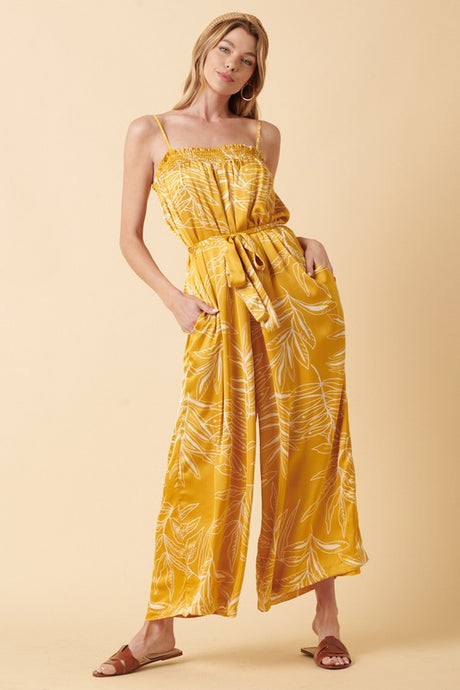 Gold Leaf Print Smocking Detail Wide Leg Jumpsuit