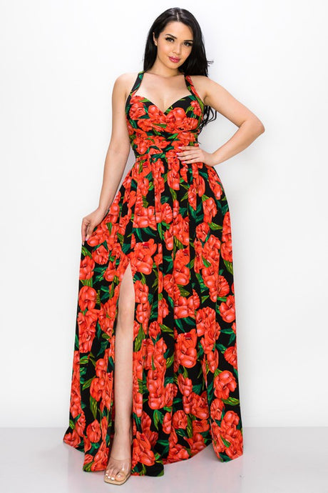 Maxi Dress Floral Poly Challi Bra Pad/pleated