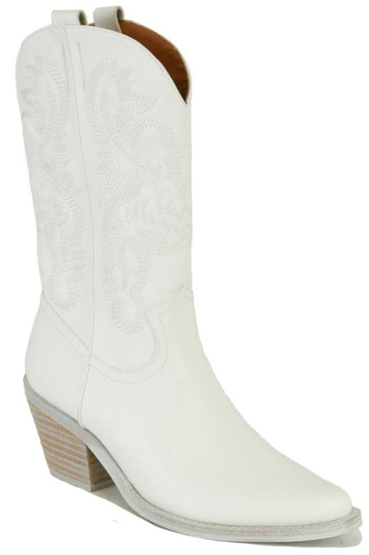White Womens Pointy Toe Chunky Cowboy Booties