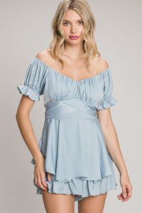 Blue Off-Shoulder Tie Back Romper