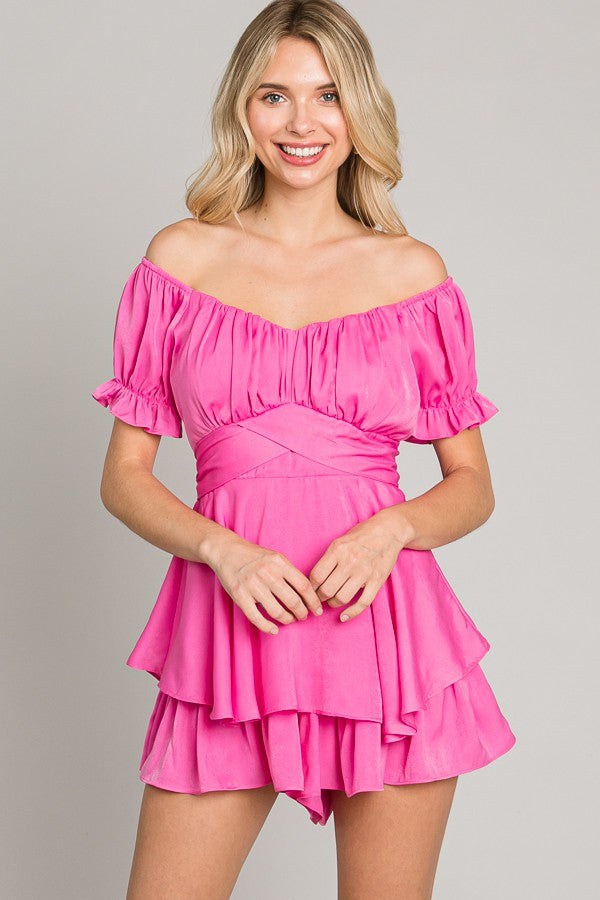 Hot Pink Off-Shoulder Tie Back Romper