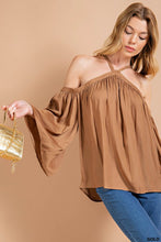 Gold V Neck Strap Off Shoulder Baloon Sleeve Top