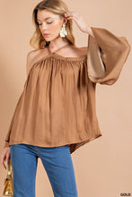 Gold V Neck Strap Off Shoulder Baloon Sleeve Top