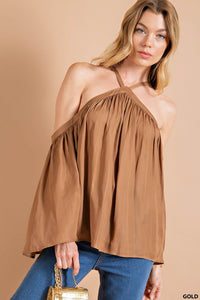 Gold V Neck Strap Off Shoulder Baloon Sleeve Top