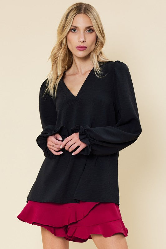 Black Solid V Neck Top