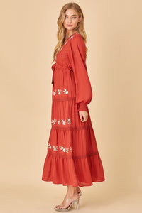 Rust Surplice Maxi Dess With Embroidery Detail