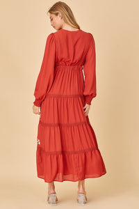 Rust Surplice Maxi Dess With Embroidery Detail