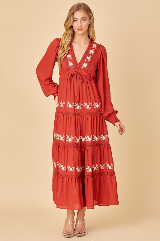 Rust V-neck Maxi Dress With Floral Embroidery Detail