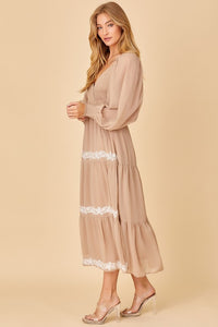 Taupe Surplice Maxi Dess With Embroidery Detail
