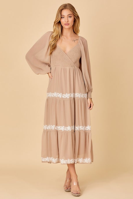 Taupe Surplice Maxi Dess With Embroidery Detail
