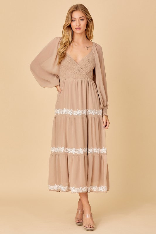 Taupe Surplice Maxi Dess With Embroidery Detail