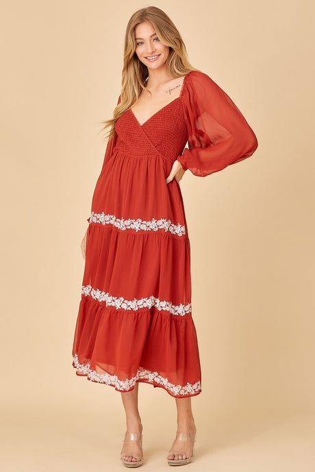 Rust Surplice Maxi Dess With Embroidery Detail