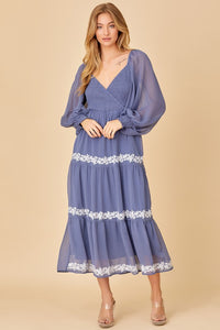 Slate Surplice Maxi Dess With Embroidery Detail